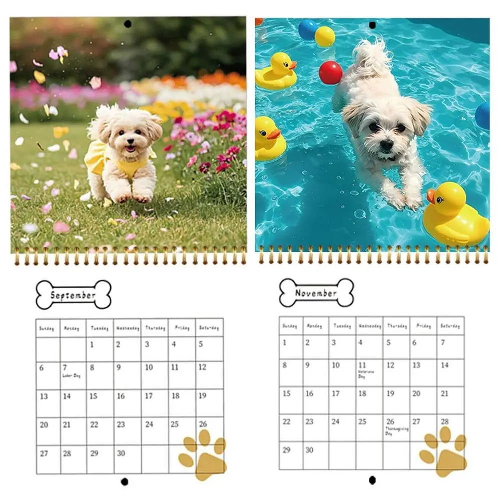 Cute puppy wall calendar 2026 featuring playful puppies in colorful settings for home decor