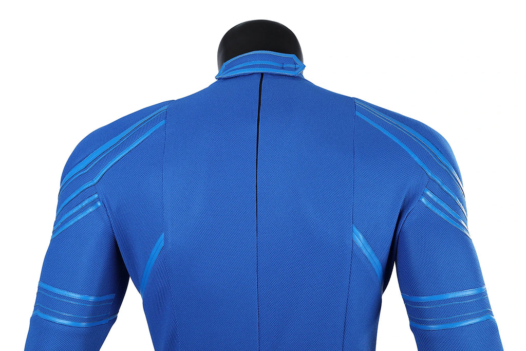 Back view of a blue David Corenswet Superman cosplay suit with detailed stitching and design