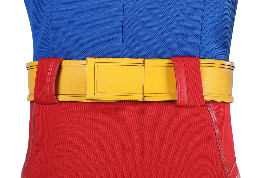 Detail of David Corenswet Superman cosplay suit with blue top and red bottom featuring a yellow belt