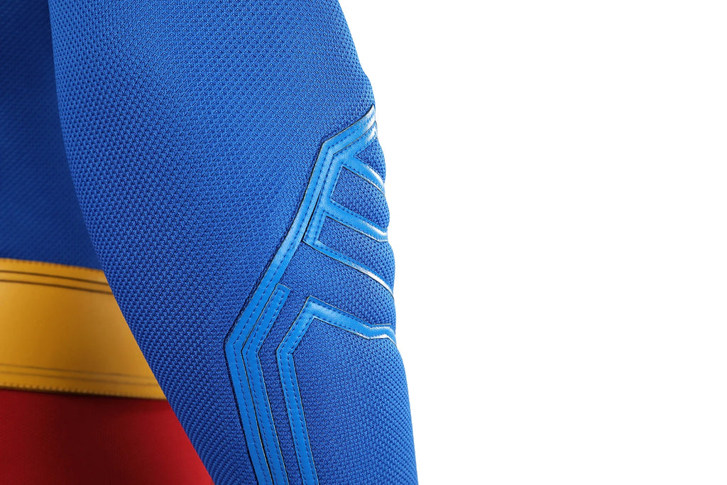 Close-up of David Corenswet Superman cosplay suit showcasing the textured blue material and detailed design