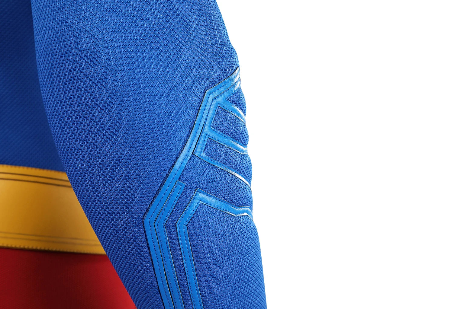 Close-up of David Corenswet Superman cosplay suit showcasing the textured blue material and detailed design