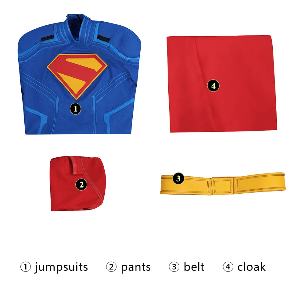 David Corenswet Superman cosplay suit including jumpsuit, pants, belt, and cloak for fans and costume events