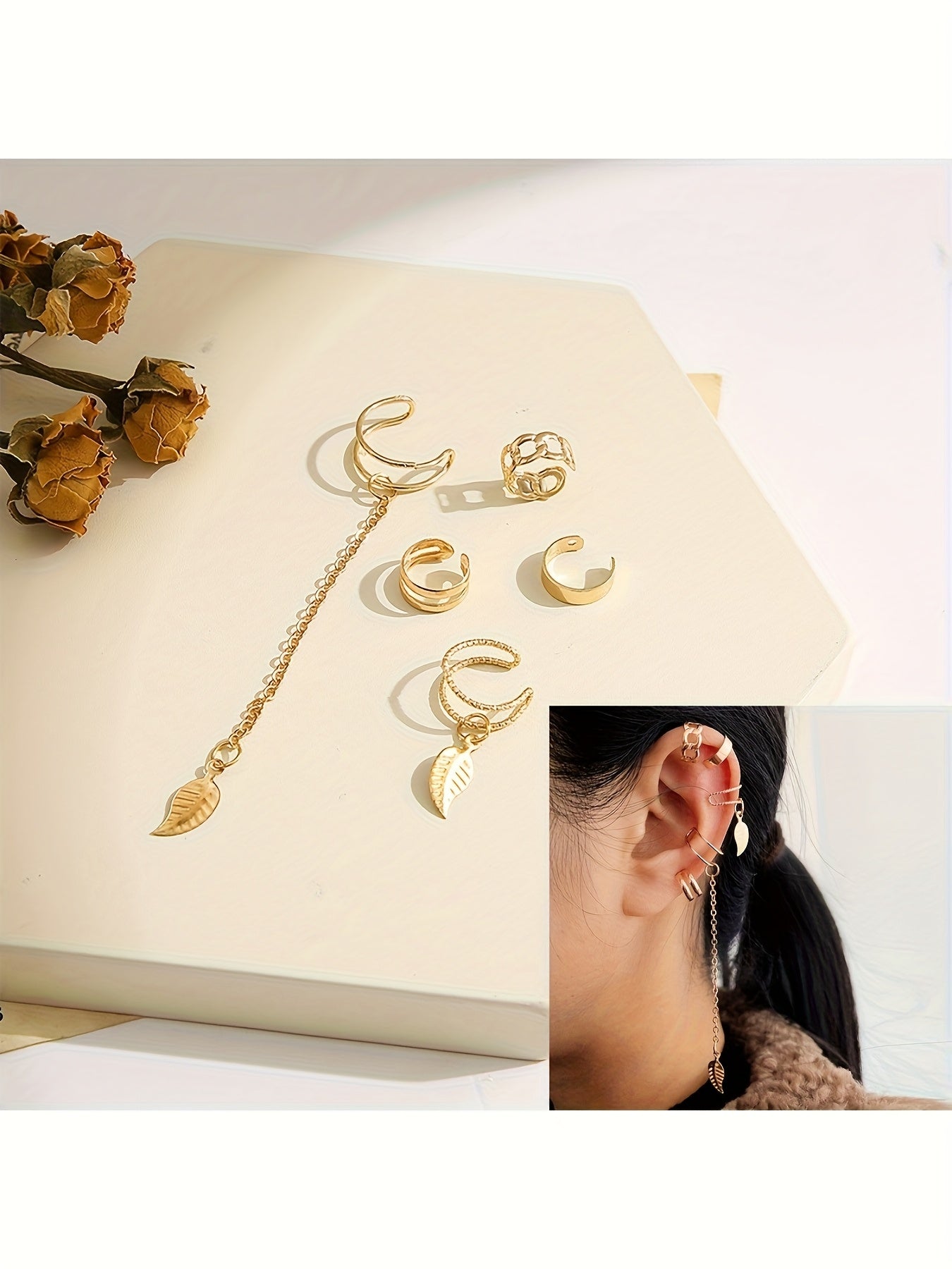 Chic gold earring set featuring moon and leaf designs, perfect for a pop star Halloween costume for girls