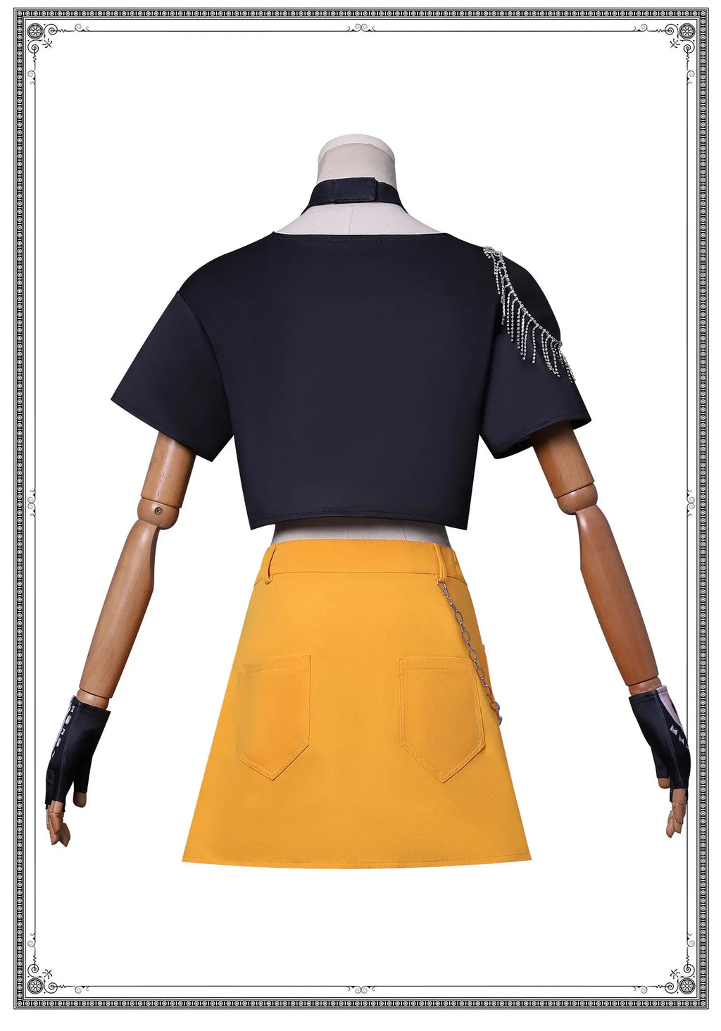 Back view of the Demon hunter superstar costume for women featuring a stylish black crop top and yellow skirt