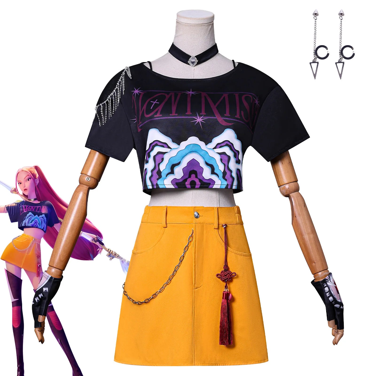 Demon hunter superstar costume for women featuring a stylish cropped top and yellow skirt