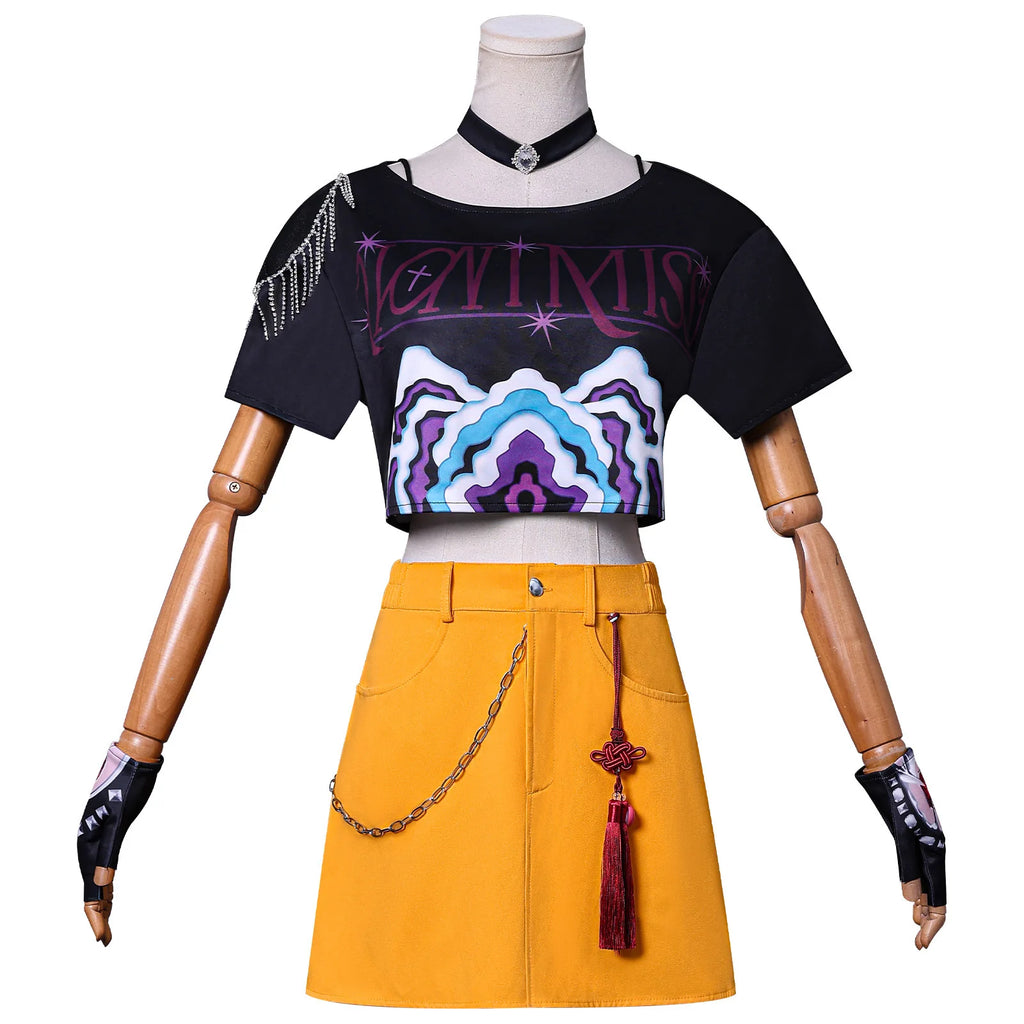 Demon hunter superstar costume for women featuring a stylish cropped top and colorful skirt