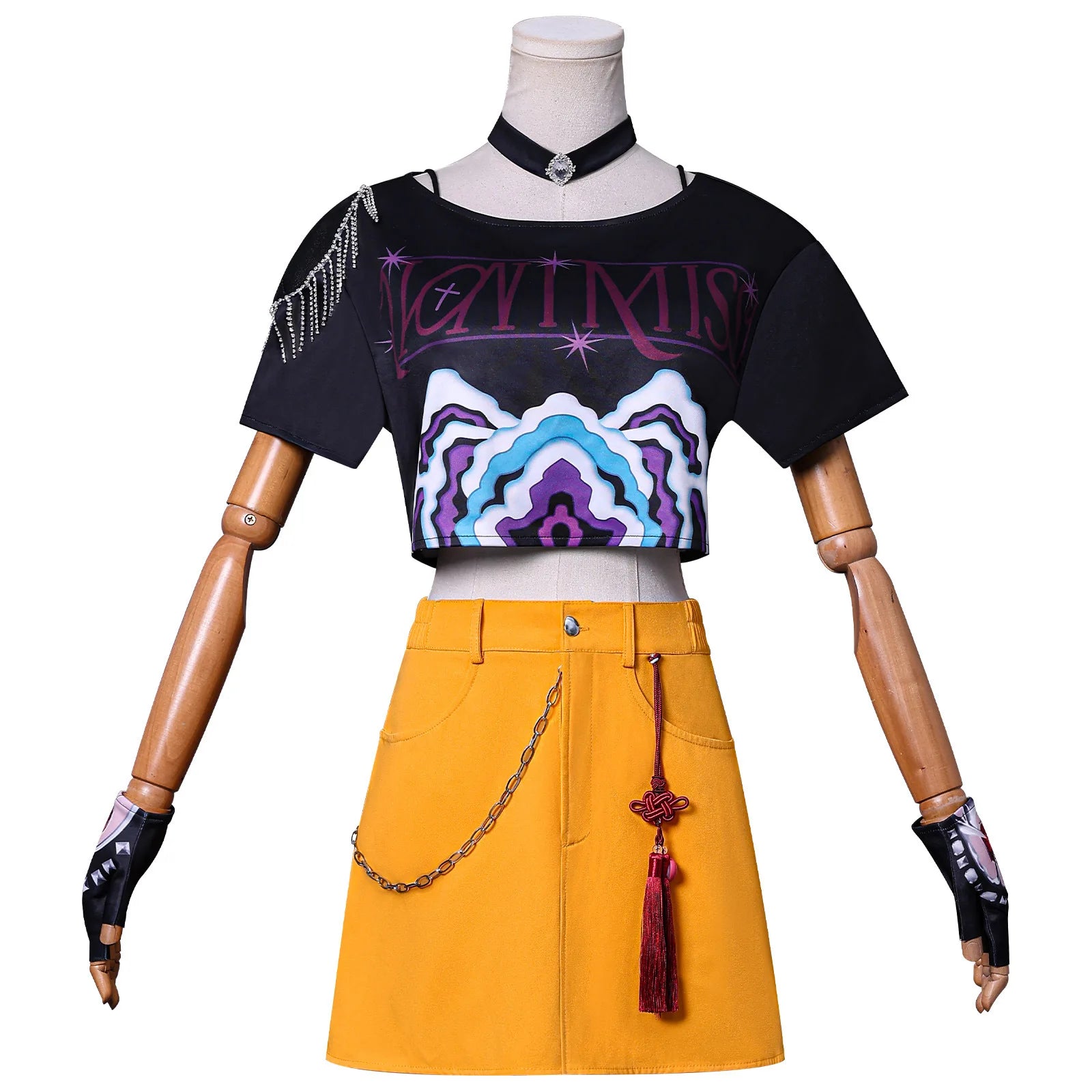 Demon hunter superstar costume for women featuring a stylish cropped top and colorful skirt