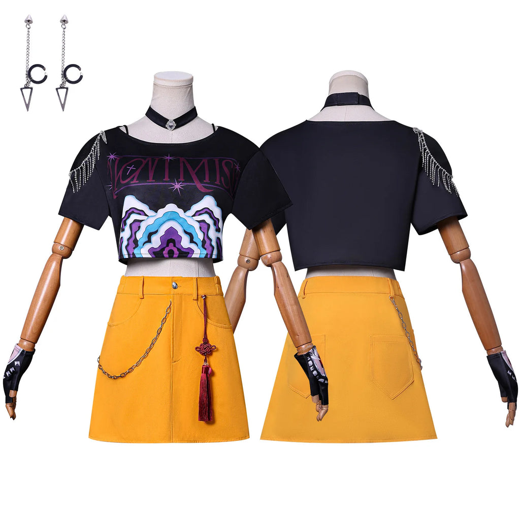 Demon hunter superstar costume for women featuring a graphic crop top and yellow mini skirt