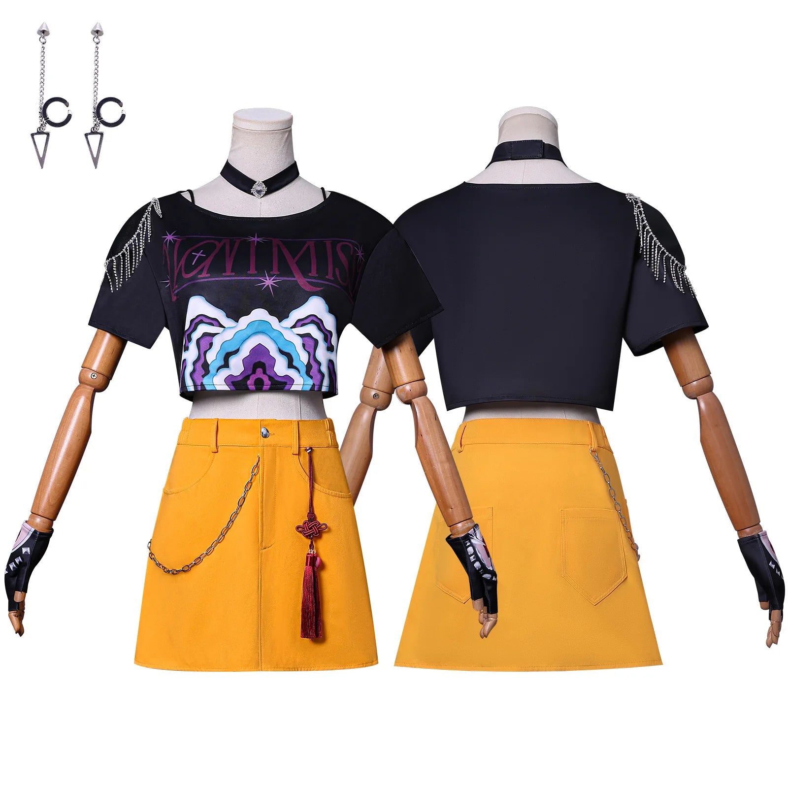 Demon hunter superstar costume for women featuring a graphic crop top and yellow mini skirt
