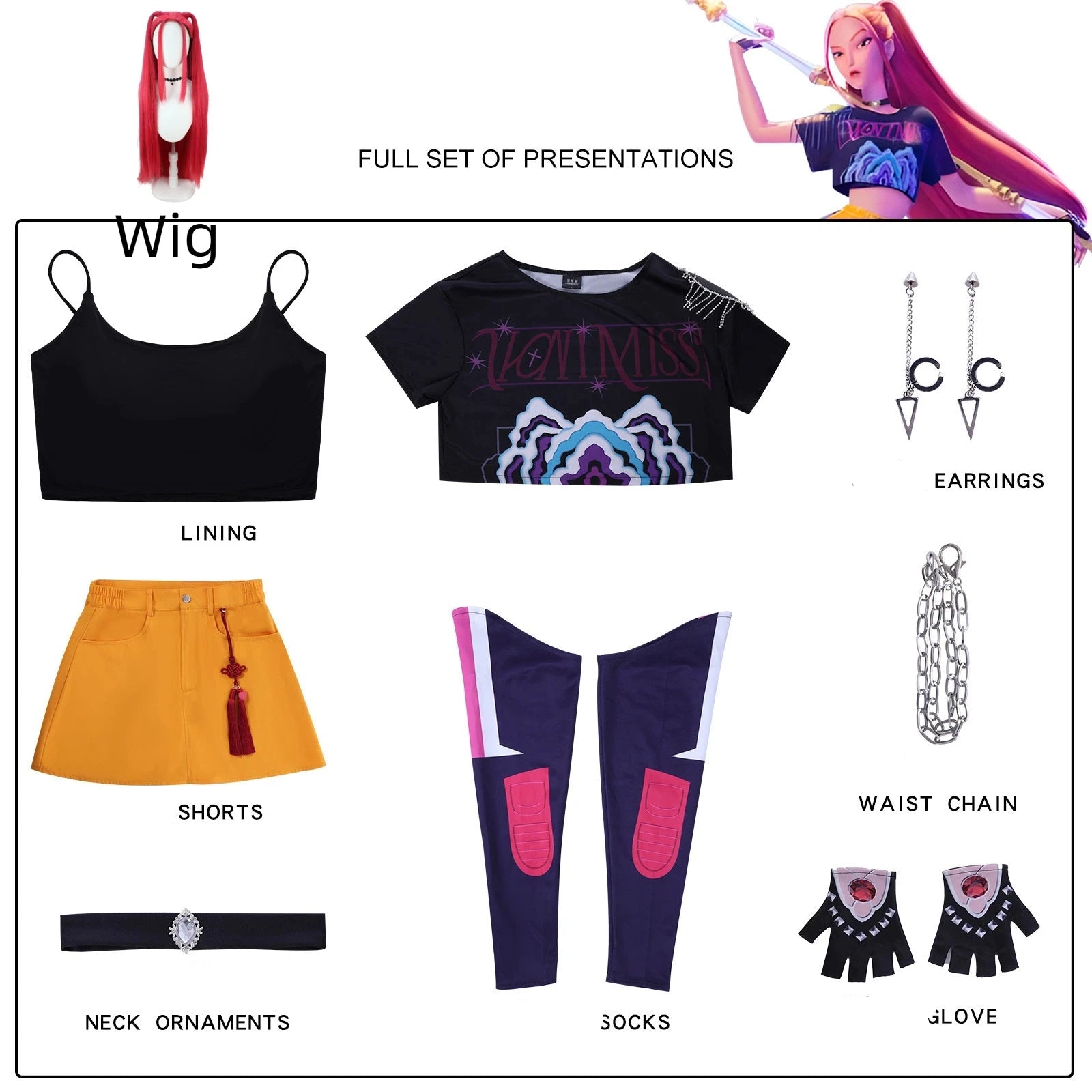 Demon hunter superstar costume for women including wig, top, shorts, and accessories for a complete look