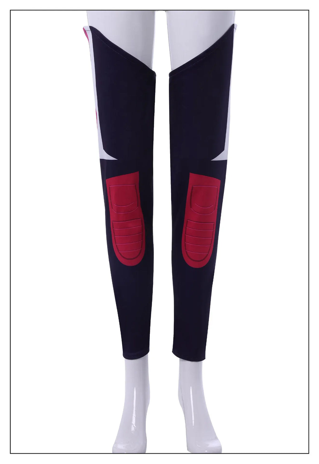 Demon hunter superstar costume for women featuring sleek black and red design with detailed leg panels