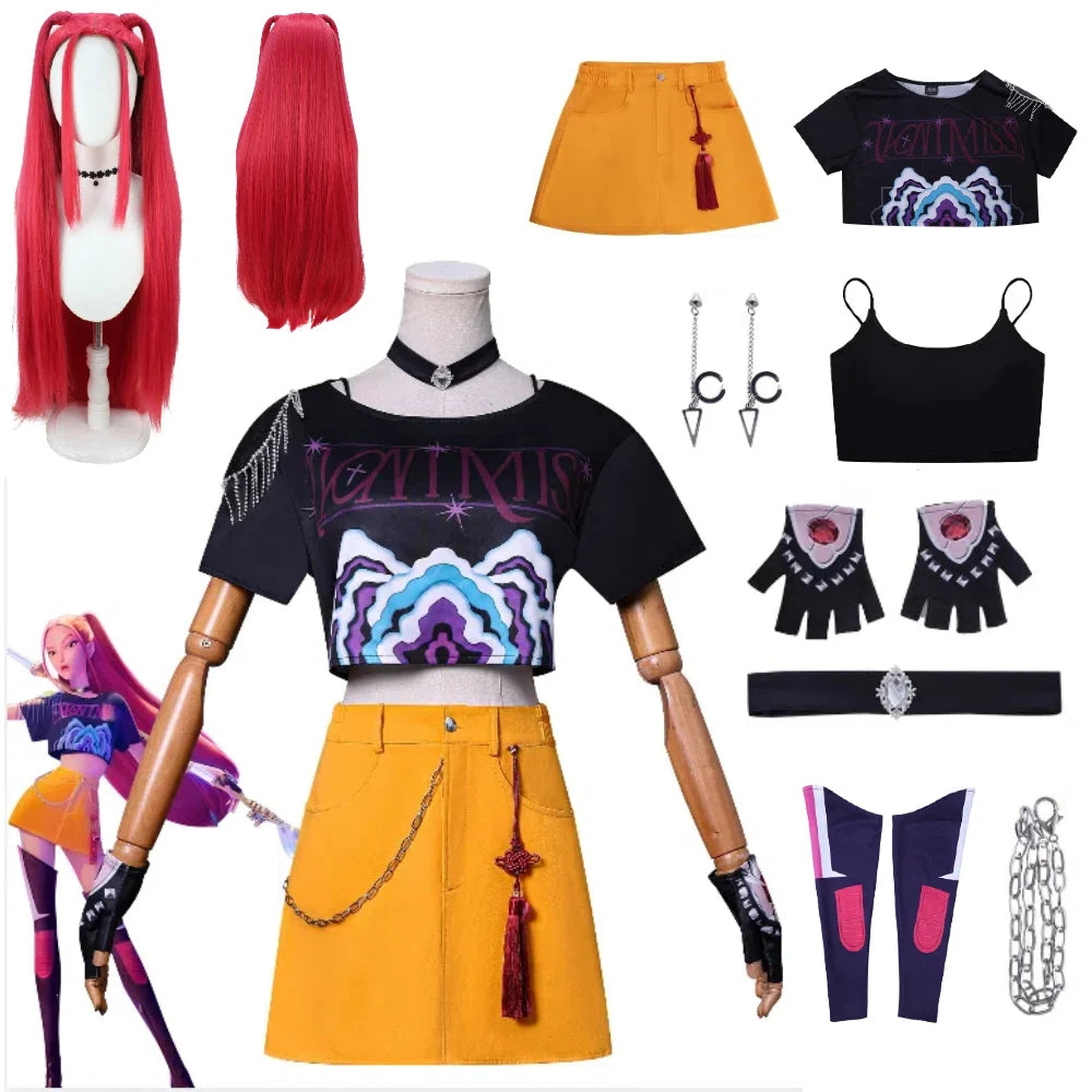 Demon hunter superstar costume for women featuring vibrant colors, accessories, and stylish details