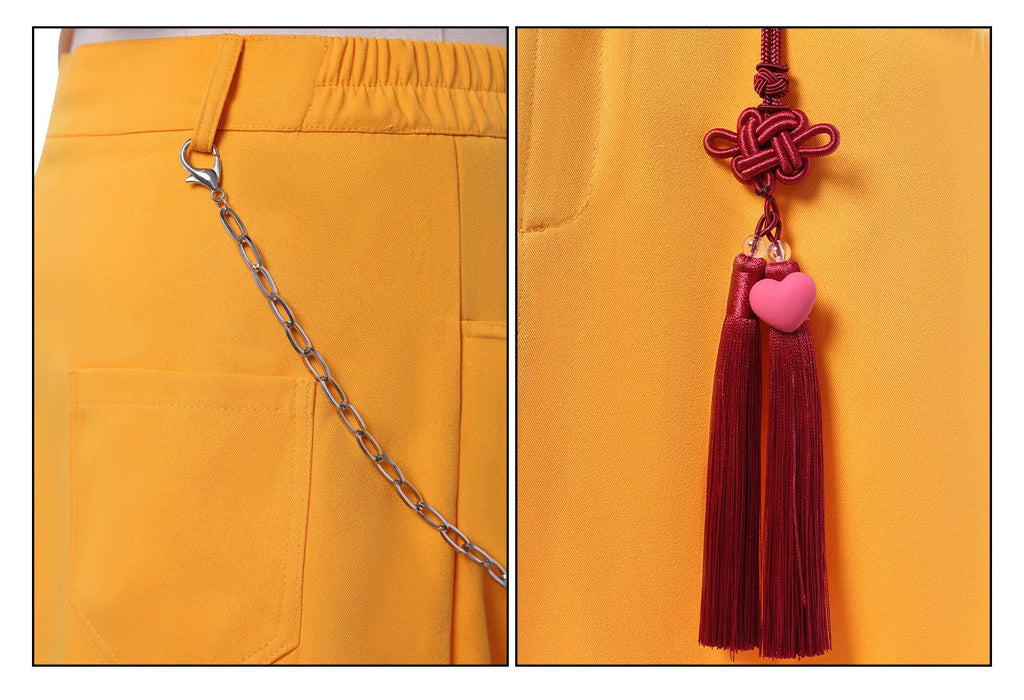 Detail of a Demon hunter superstar costume for women featuring a stylish chain and tassel decoration