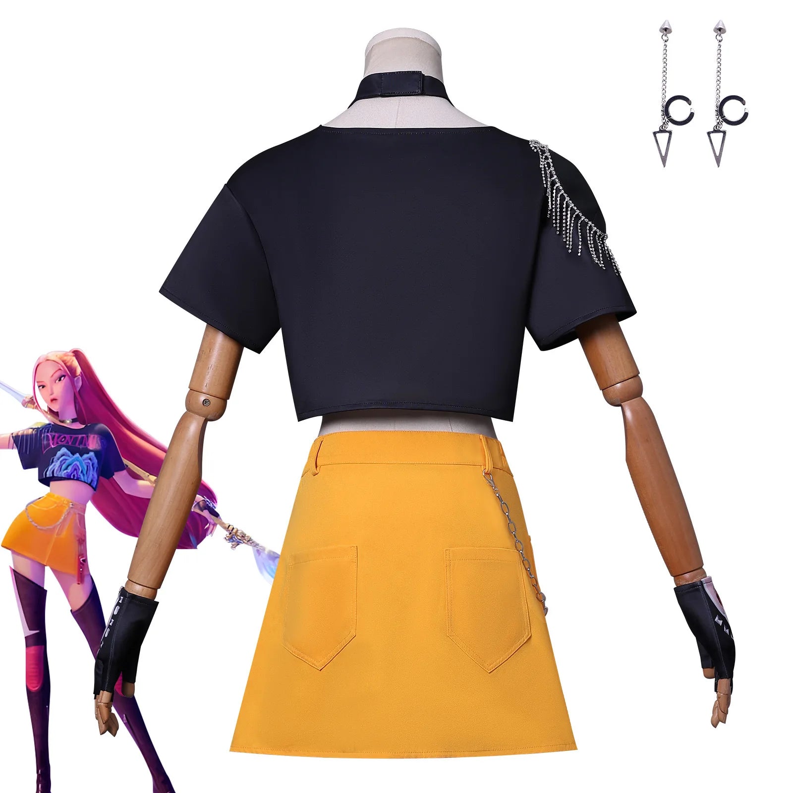 Demon hunter superstar costume for women with a black crop top and yellow skirt, featuring accessories