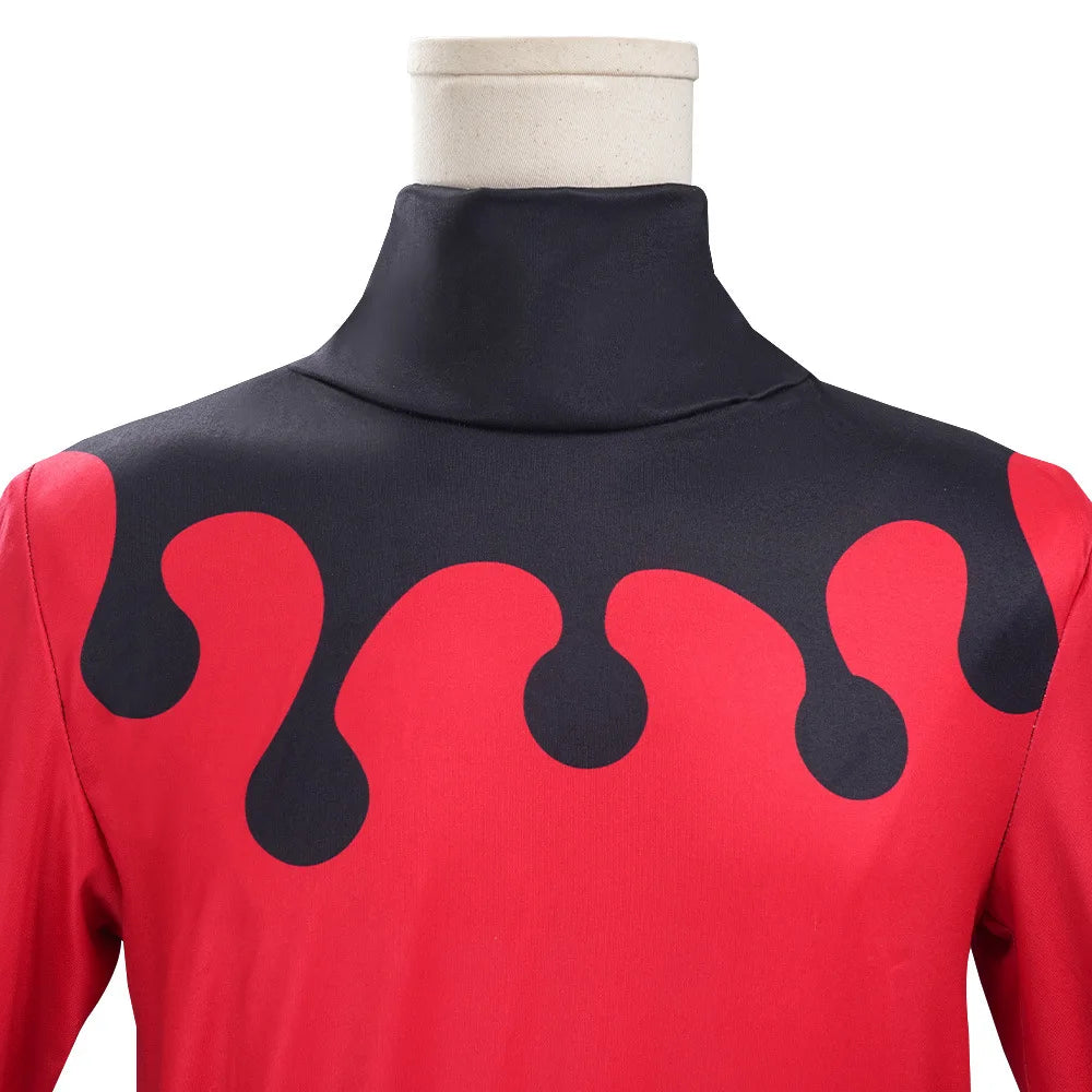 Demon Slayer Douma kimono outfit featuring a unique flame pattern in vibrant red and black colors