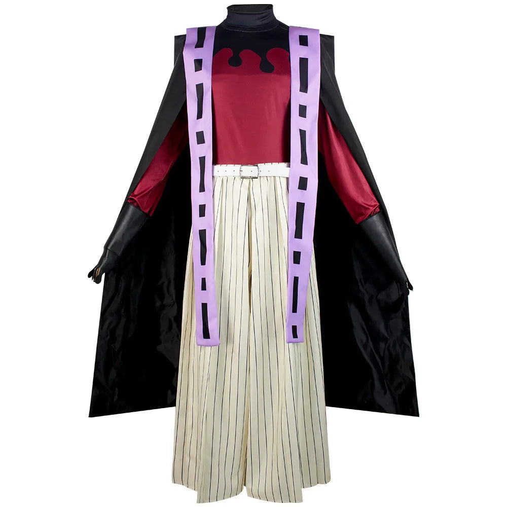 Demon Slayer Douma kimono outfit featuring a red top and black cape with striped trousers