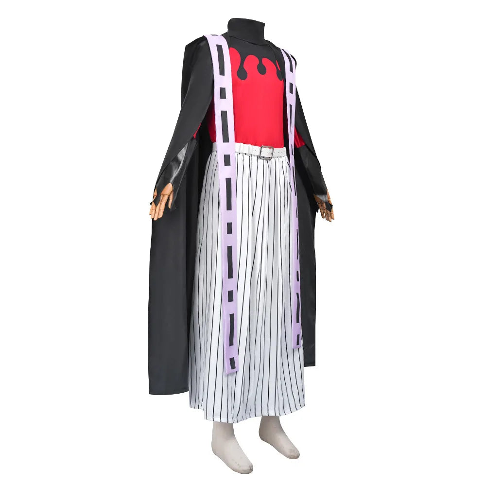 Demon Slayer Douma kimono outfit featuring a red top, striped pants, and a long black cloak