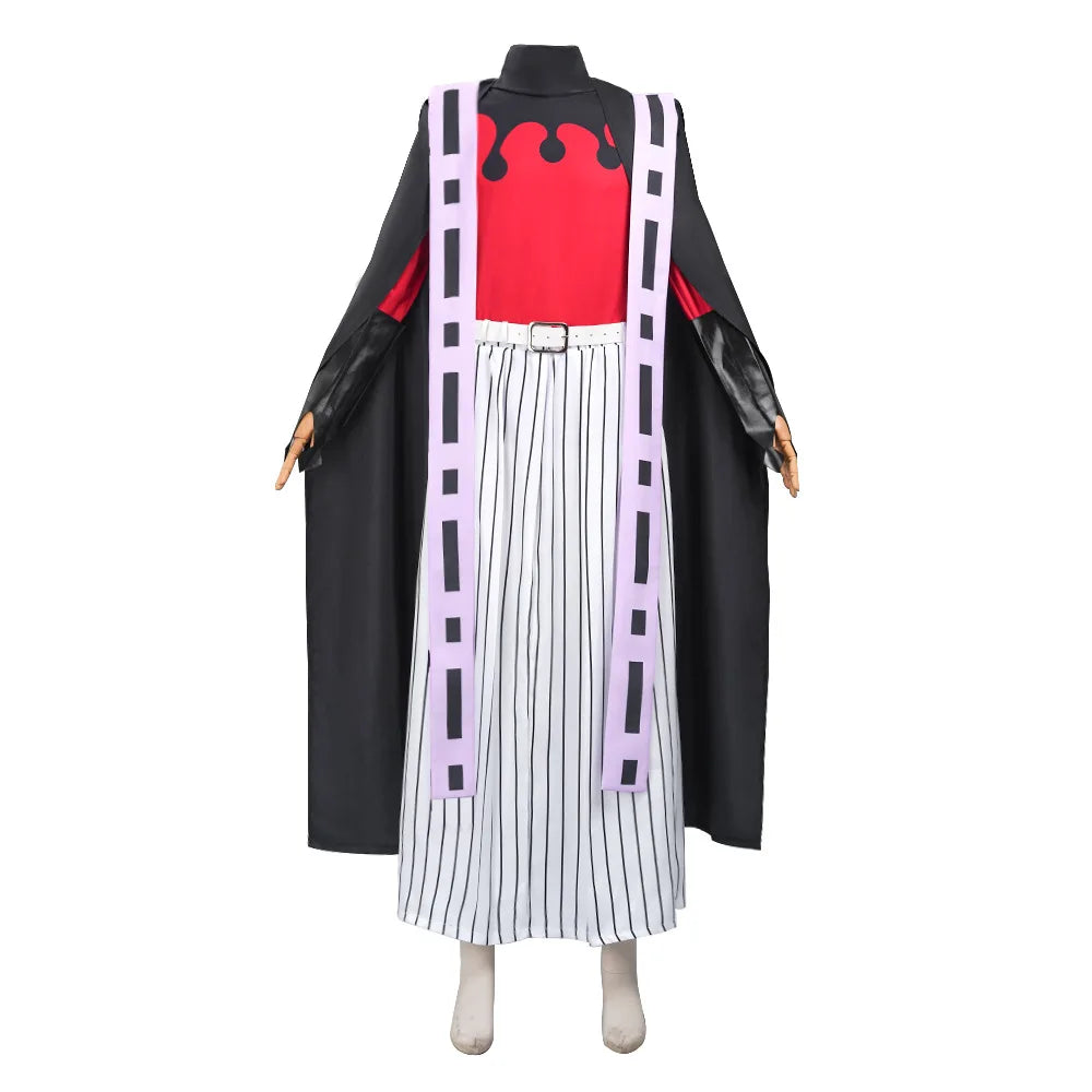 Demon Slayer Douma kimono outfit featuring a striking red top and patterned cape with striped pants