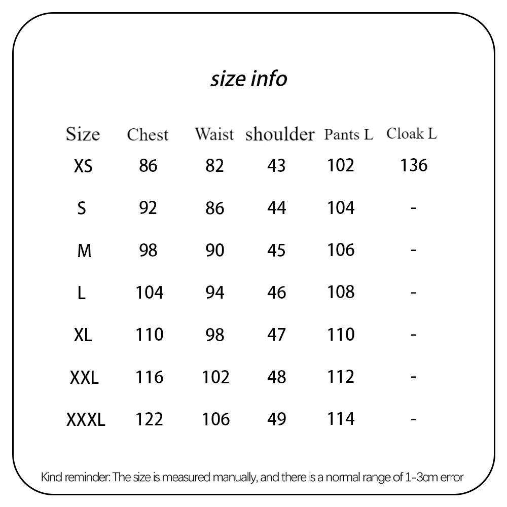 Size chart for Demon Slayer Douma kimono outfit showing various sizes and measurements