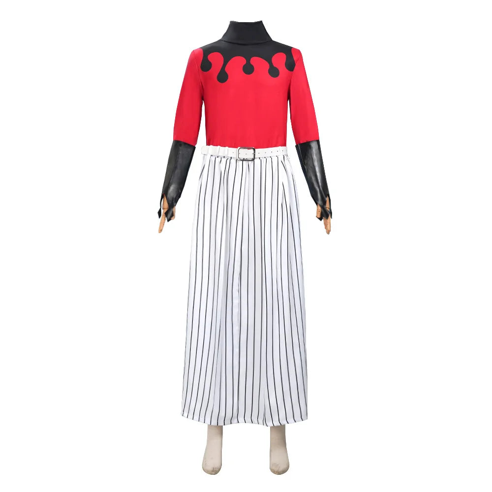Demon Slayer Douma kimono outfit featuring red top with black sleeves and striped pants for cosplay