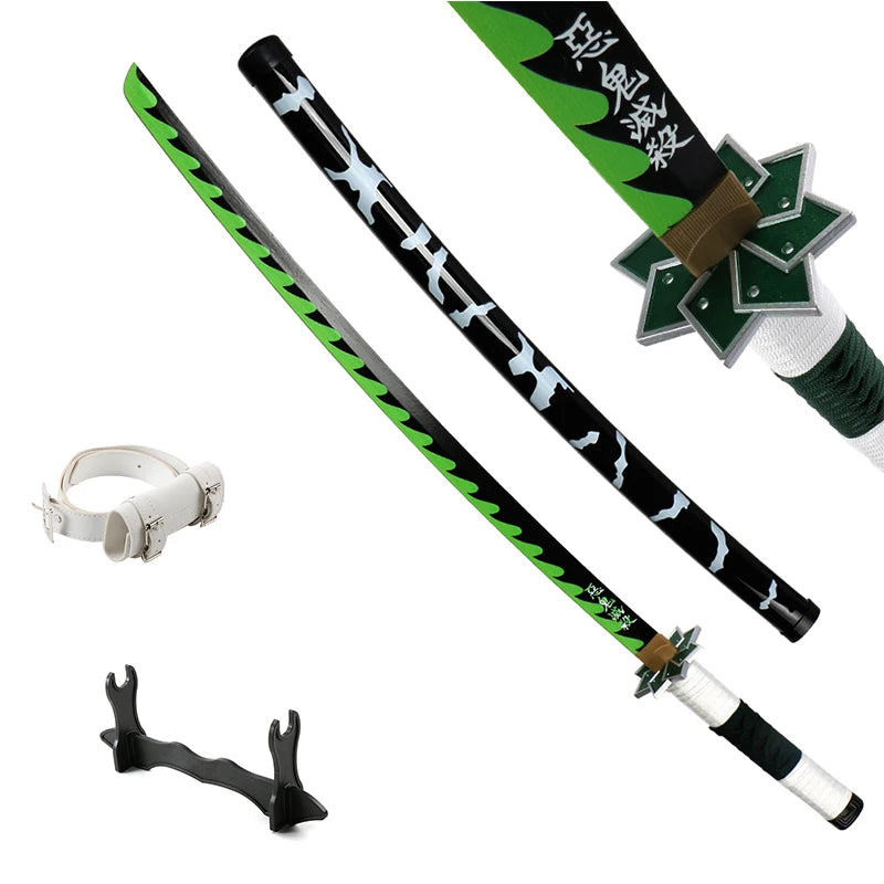 Demon Slayer katana replica featuring a black and green design with ornate handle and display stand