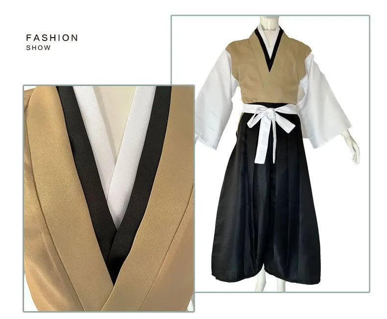 Demon Slayer Yoriichi cosplay outfit featuring a traditional kimono style with black and gold colors