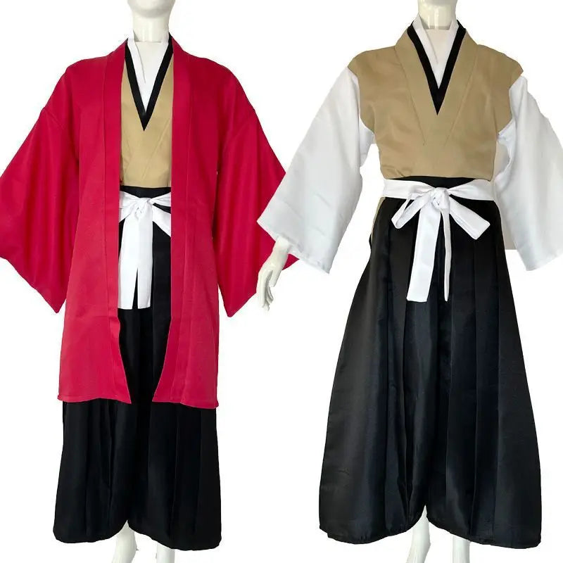 Demon Slayer Yoriichi cosplay costume featuring a red and beige kimono with a black hakama and white obi