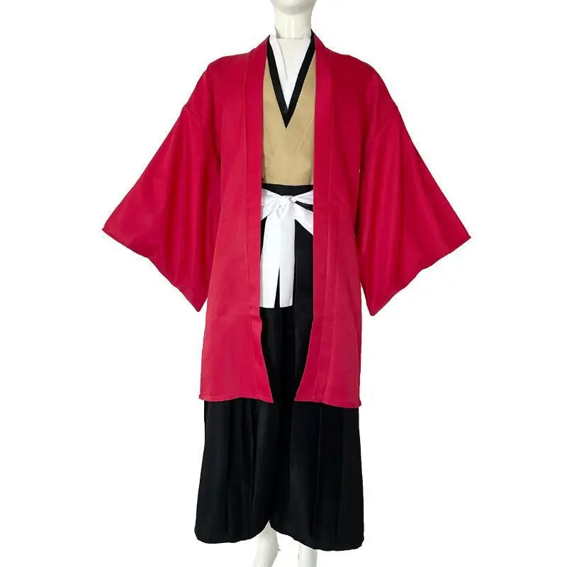 Demon Slayer Yoriichi cosplay costume featuring a red kimono and black hakama pants for anime fans