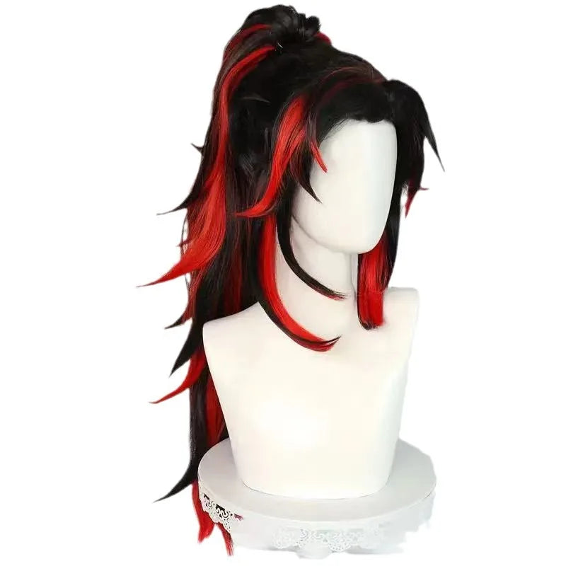 Demon Slayer Yoriichi cosplay wig with vibrant red and black highlights, styled for dramatic effect