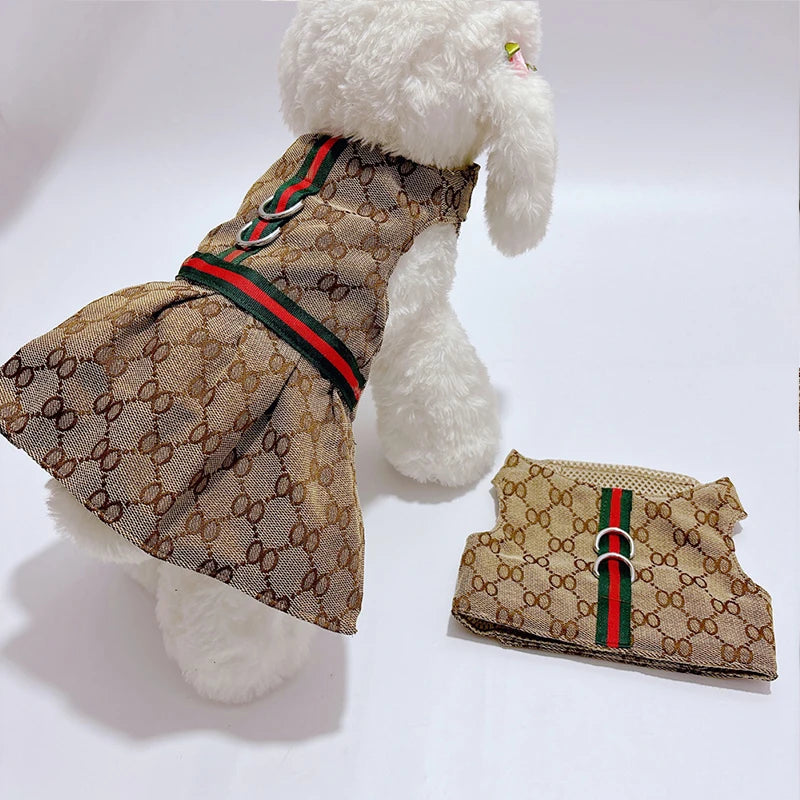 Designer pet couple outfits featuring stylish matching designs for dogs and pets in a luxurious pattern