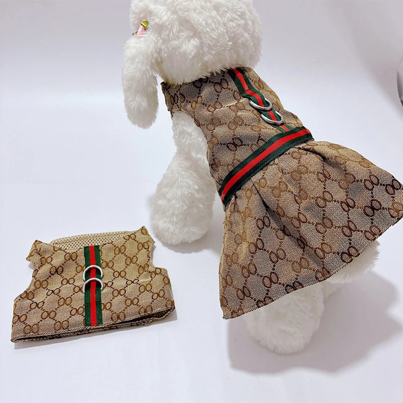 Designer pet couple outfits featuring a stylish dress and matching vest in a luxurious print