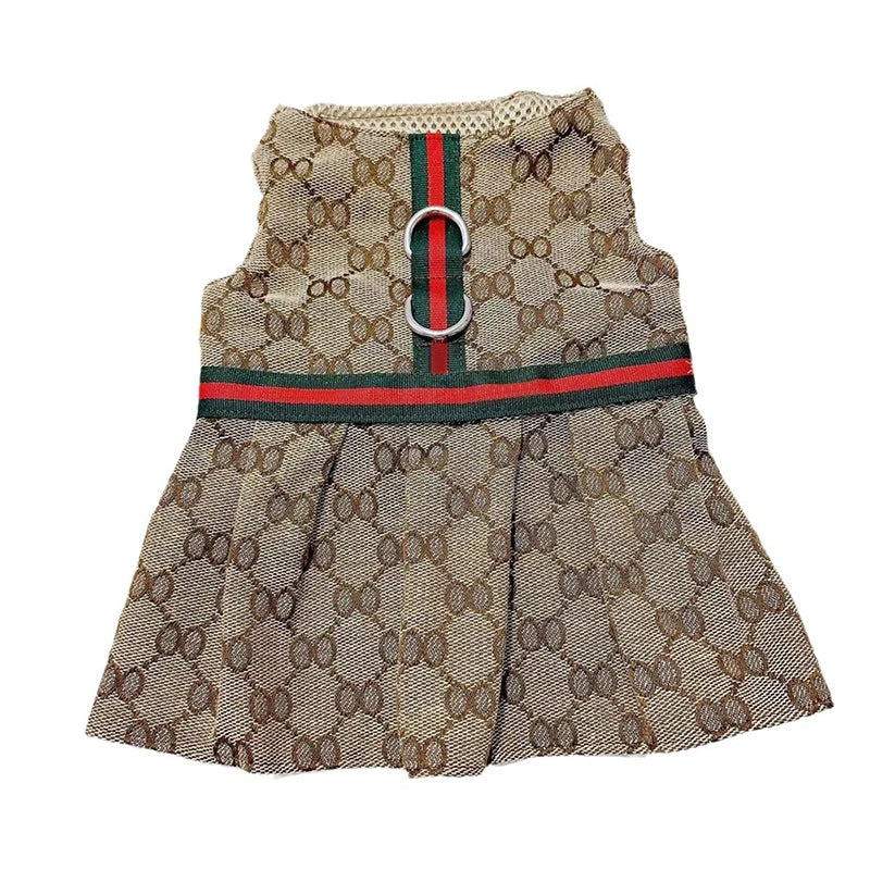 Designer pet couple outfits featuring a stylish brown patterned dress with a decorative belt