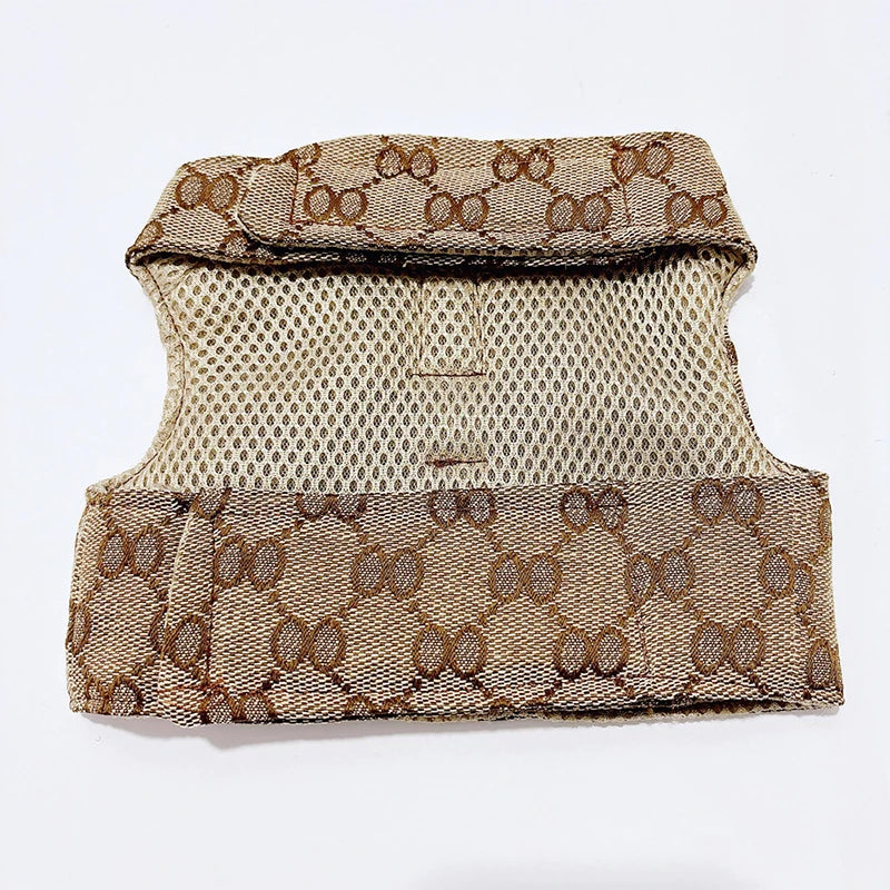Designer pet couple outfits featuring a stylish mesh vest with a logo pattern in brown