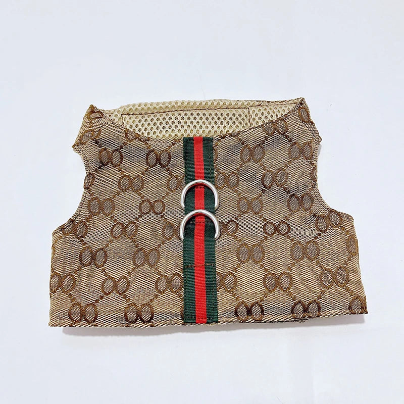 Designer pet couple outfits in luxurious fabric with stylish pattern and metal buckle detail