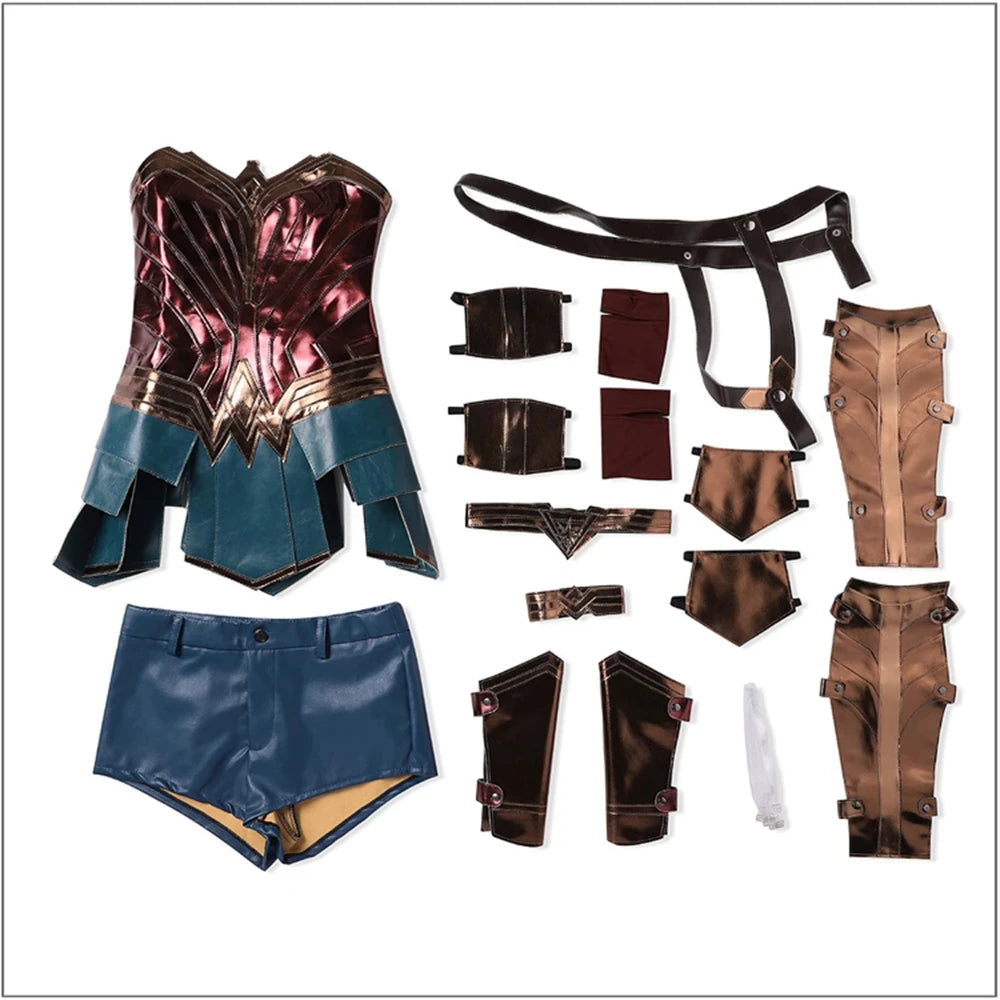 Diana cosplay costume for women featuring a detailed top, shorts, and armor pieces for themed events