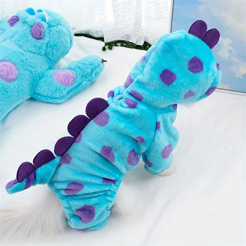 Adorable dinosaur dog costume hoodie in blue with purple spots and spikes for pets
