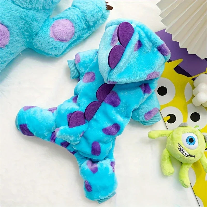 Blue dinosaur dog costume hoodie with purple spots for playful pets and cozy wear