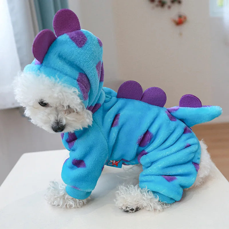 Cute blue dinosaur dog costume hoodie with purple spikes for small dogs from Zoomies & Co