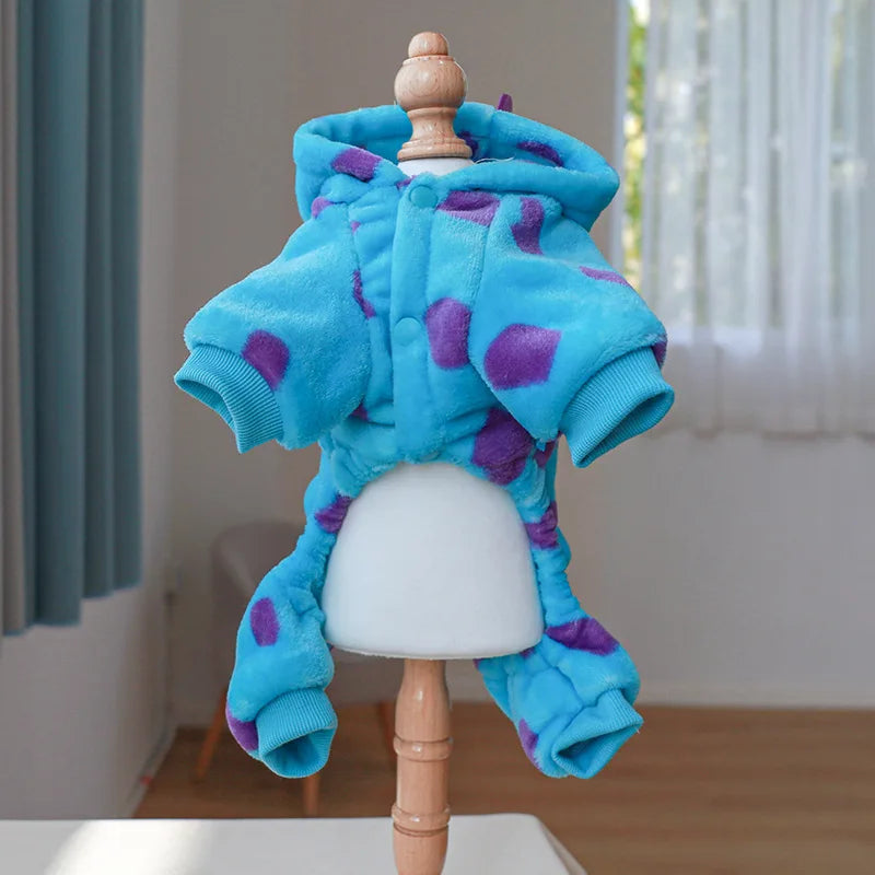 Cute dinosaur dog costume hoodie in blue with purple spots, perfect for pet dress-up and fun occasions