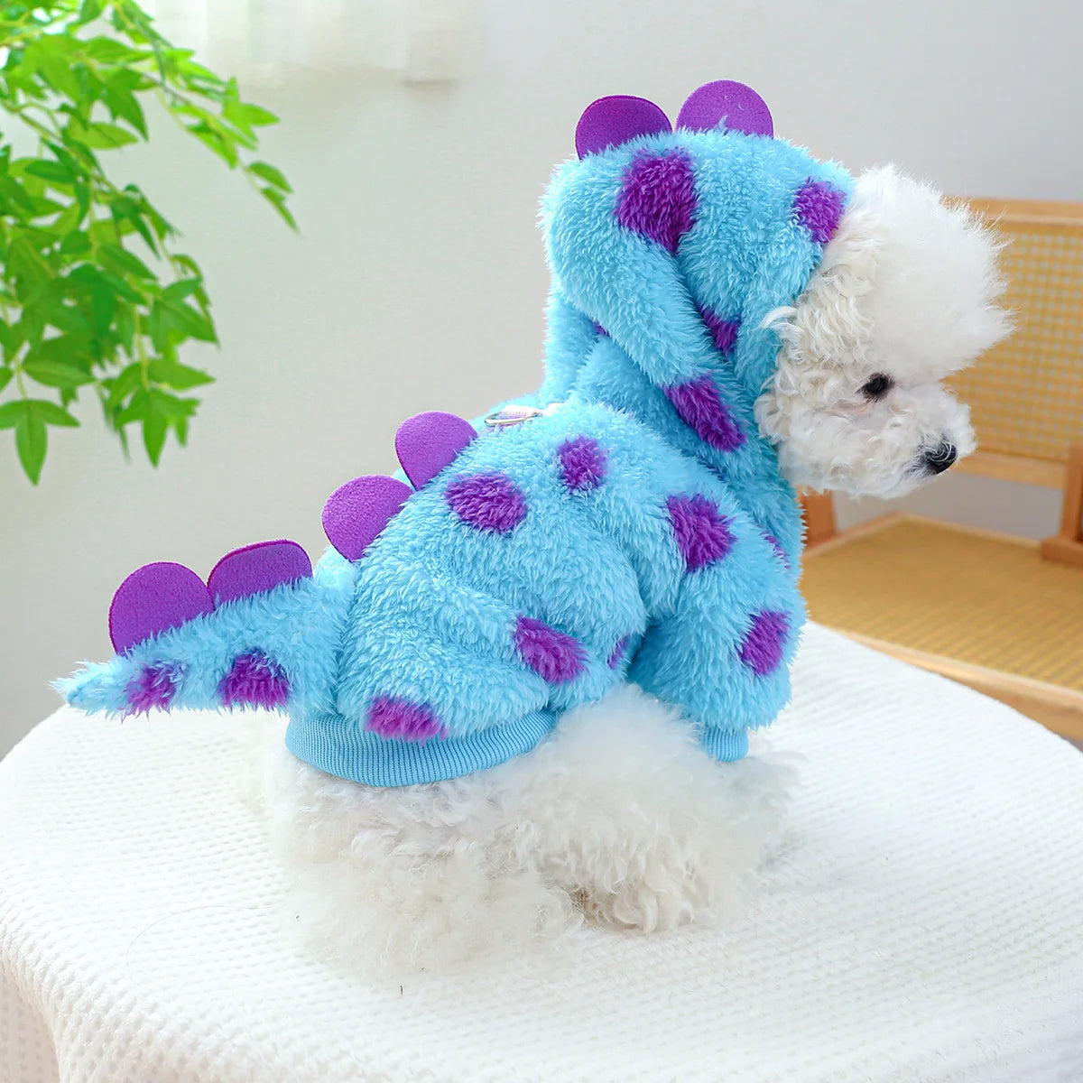 Cute dinosaur dog costume hoodie in blue with purple spots and spikes for playful pets
