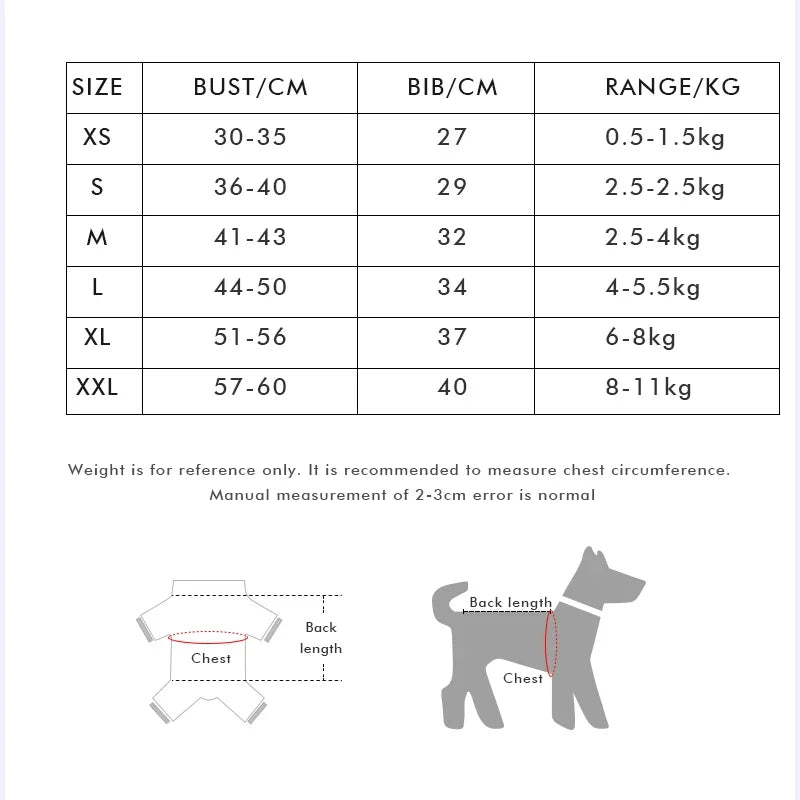 Zoomies & Co dinosaur dog costume hoodie size chart with bust, bib, and weight range measurements