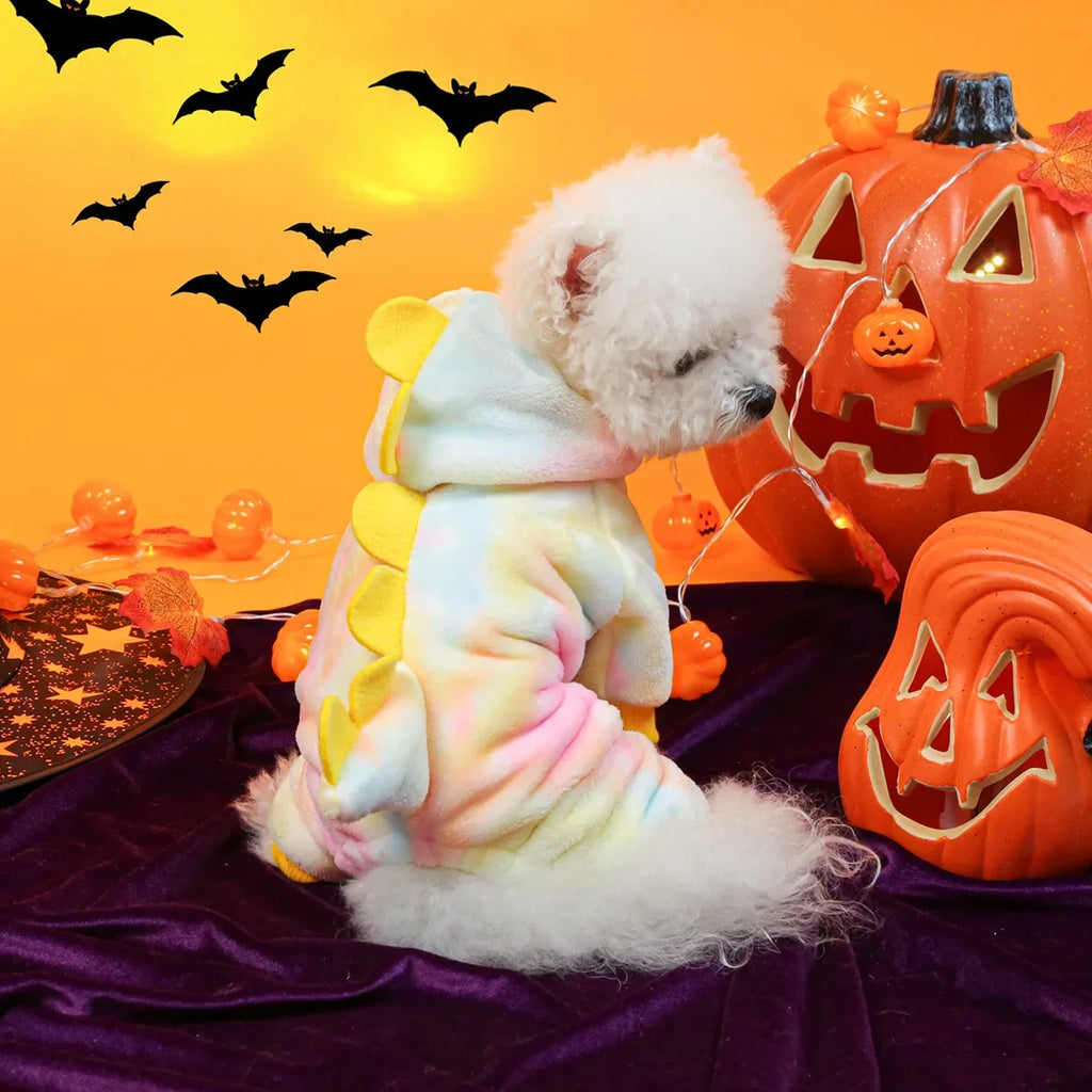 Adorable dinosaur dog costume hoodie in pastel colors featuring spikes, perfect for Halloween festivities