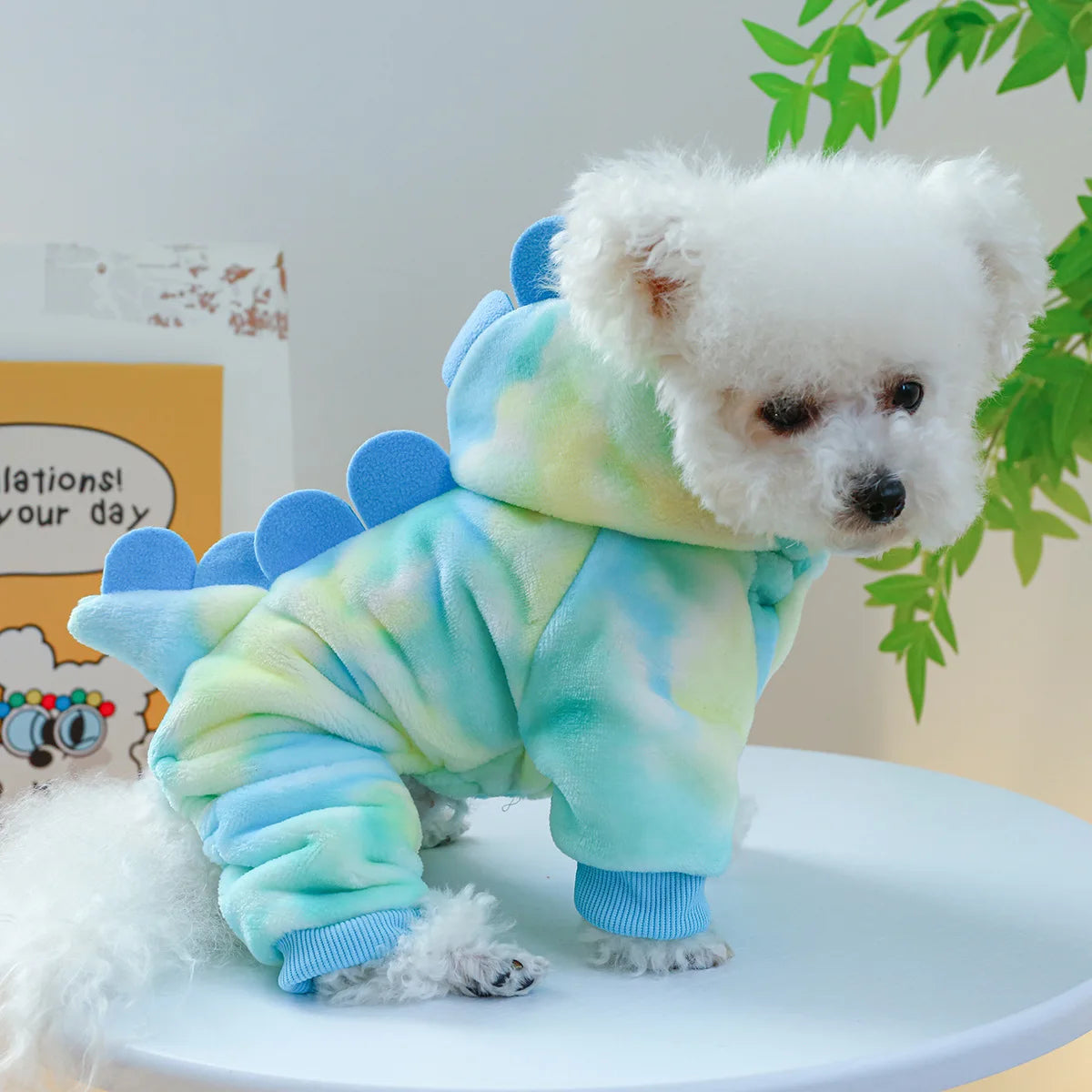 Adorable dinosaur dog costume hoodie in soft blue for small pets with fun spikes on the back