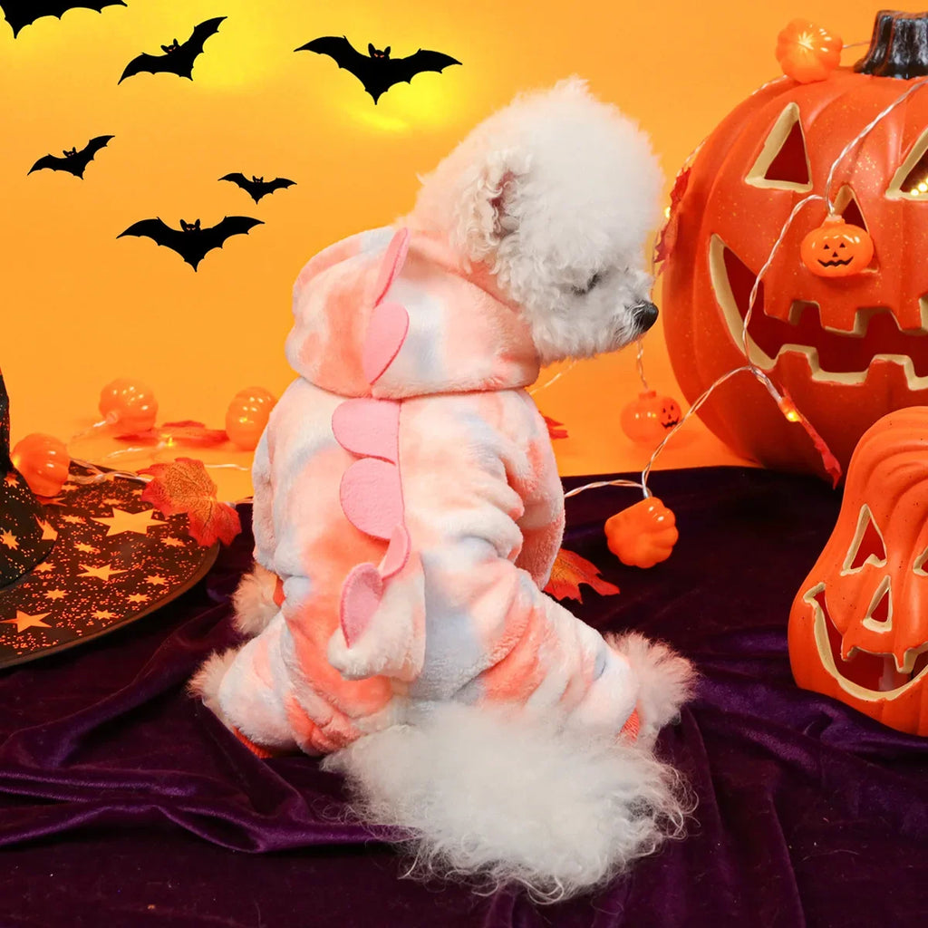 Adorable dinosaur dog costume hoodie in pink and orange, perfect for Halloween pet celebrations