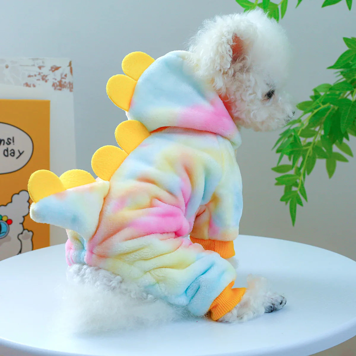 Cute dinosaur dog costume hoodie with colorful spikes for small dogs from Zoomies & Co