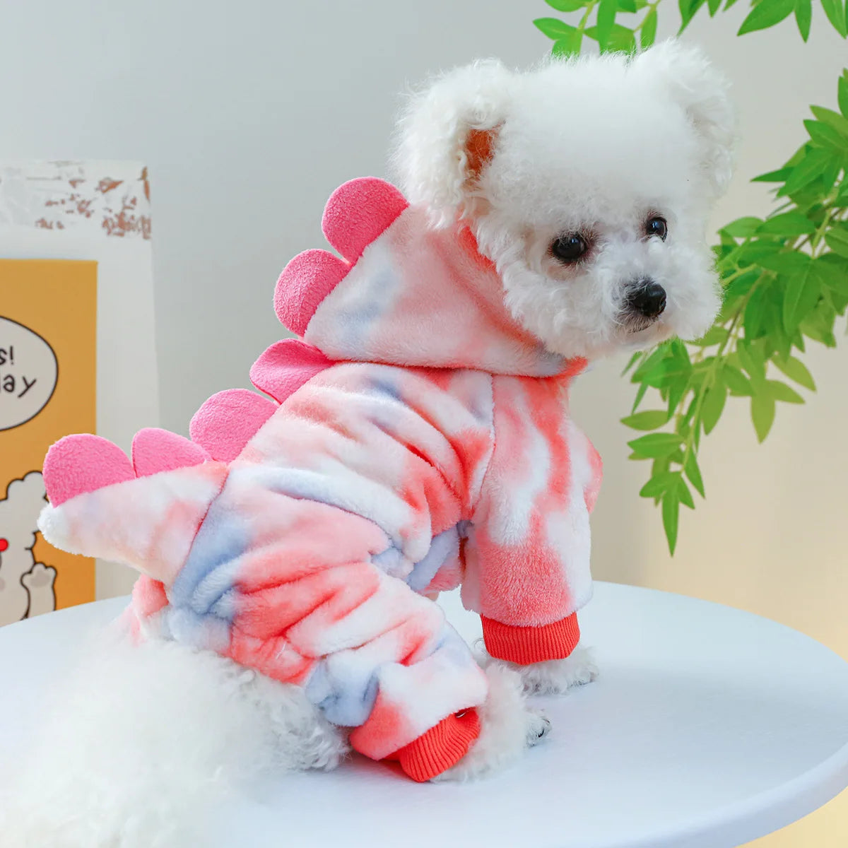 Adorable dinosaur dog costume hoodie in colorful pink and blue for small dogs with soft texture