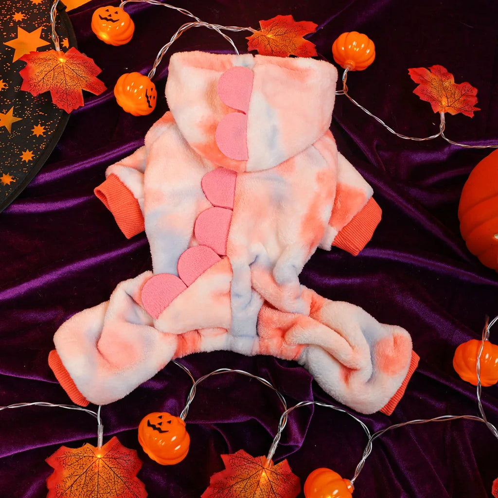 Soft dinosaur dog costume hoodie in pink and orange with spiked accents for pet Halloween fun
