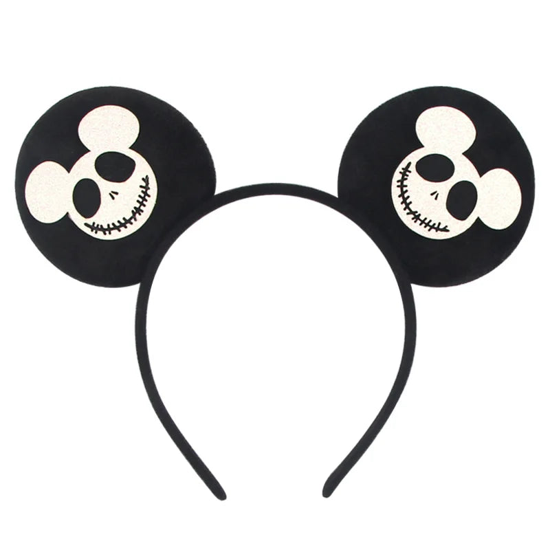 Disney Halloween ear headband with black Mickey ears featuring spooky skull designs