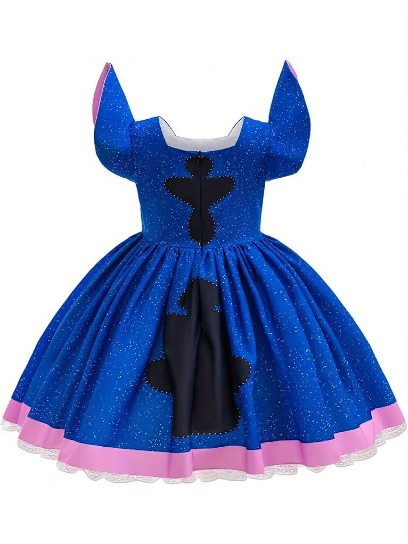 Disney Stitch girls costume in bright blue with puff sleeves and pink accents for dress-up fun
