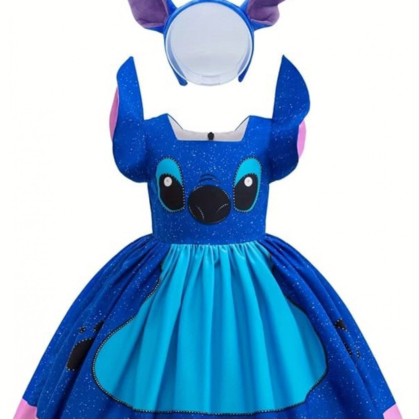 Disney Stitch girls costume featuring a vibrant blue dress and matching headband for kids